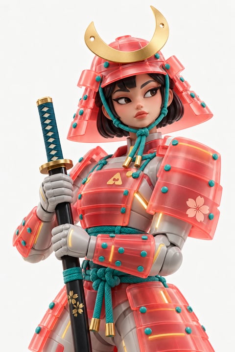 黑色短发卡通女武士，穿珊瑚红透明分层盔甲，青色绳饰，双手握着佩刀